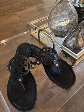 Tory Burch Black Leather Logo Thong Sandals